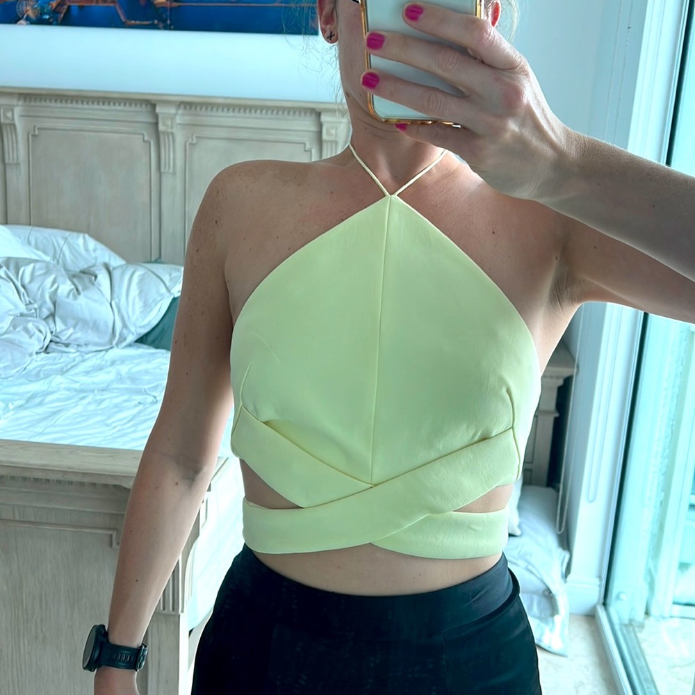 Nicholas size 4 yellow halter top with cut outs and zipper back
